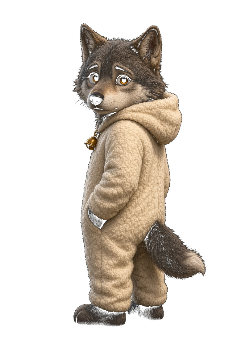 Chima, a young wolf in a white warehouse coverall with a gold bell at the collar